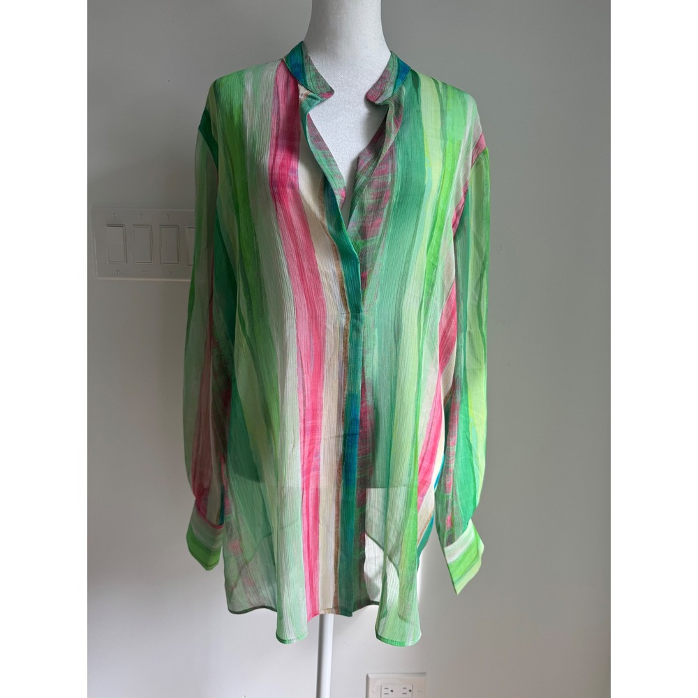 MNG Mango Italian Fabric Striped Sheer Tunic Blouse Green Pink Size 8